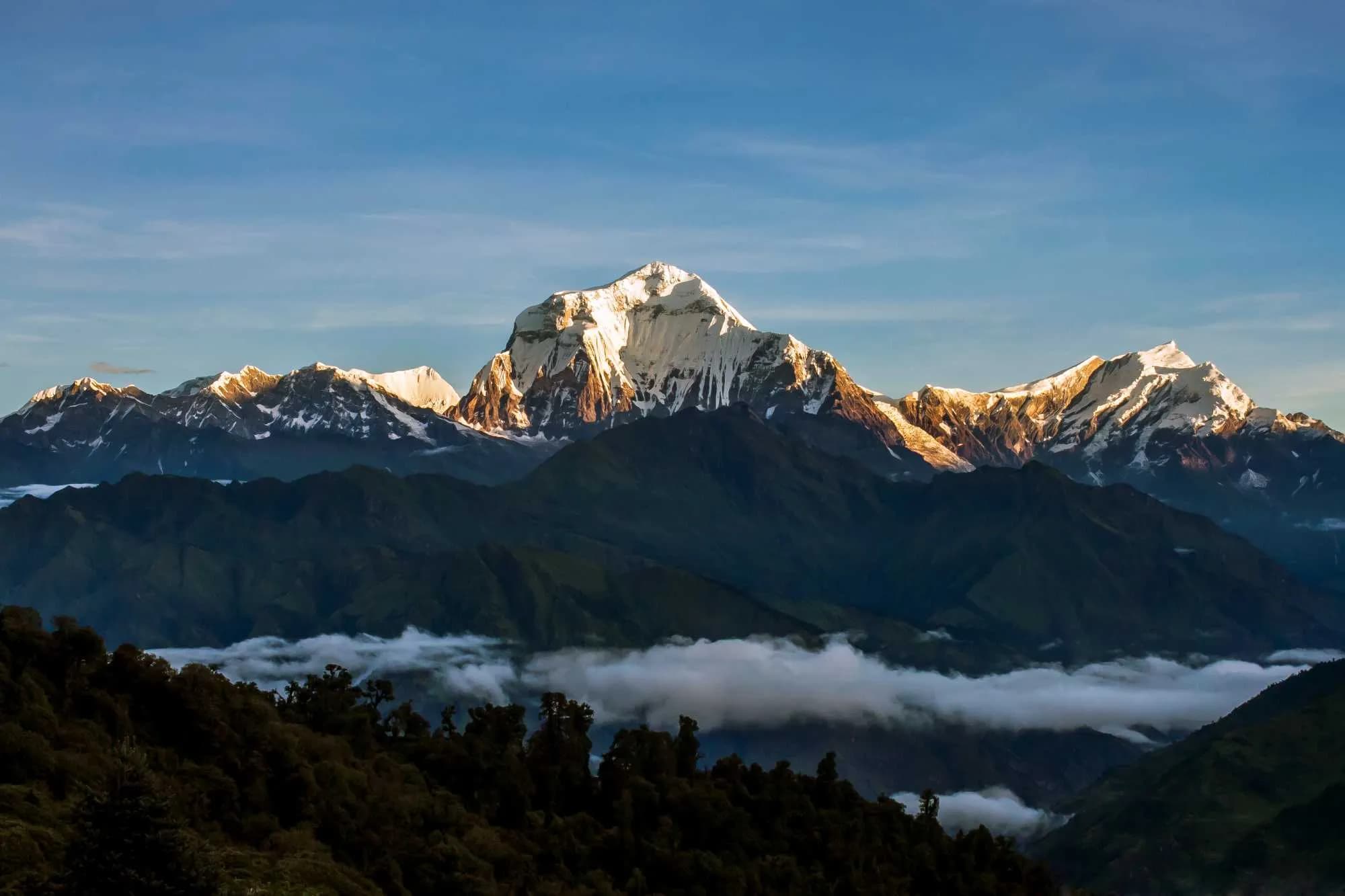 Golden morning light hits the Dhaulagiri massif above a sea of clouds in the valley Golden morning light hits the Dhaulagiri massif above a sea of clouds in the valley