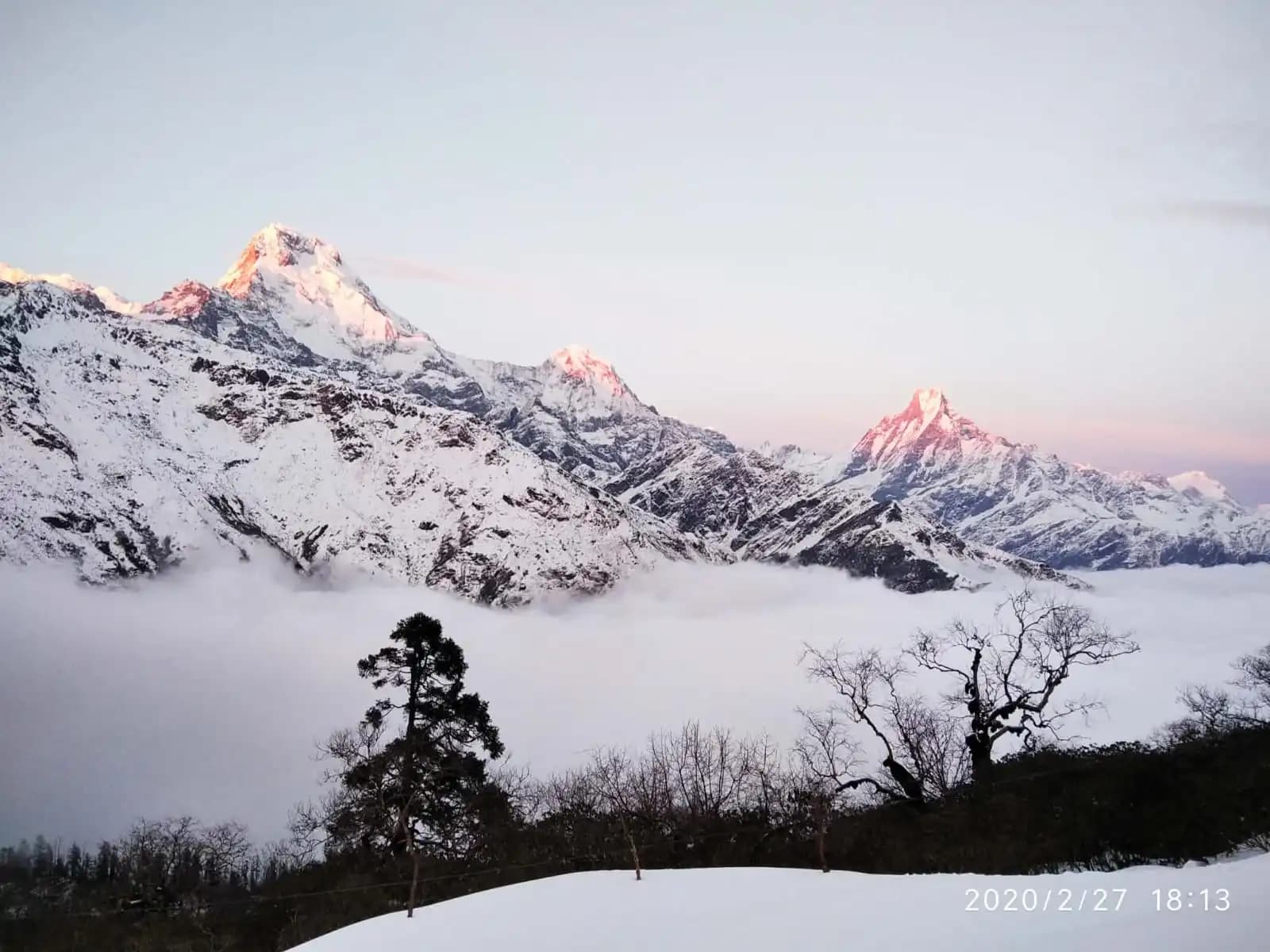 Annapurna South and Machhapuchhre peaks above clouds at sunset seen during Mohare Danda Trek Annapurna South and Machhapuchhre peaks above clouds at sunset seen during Mohare Danda Trek